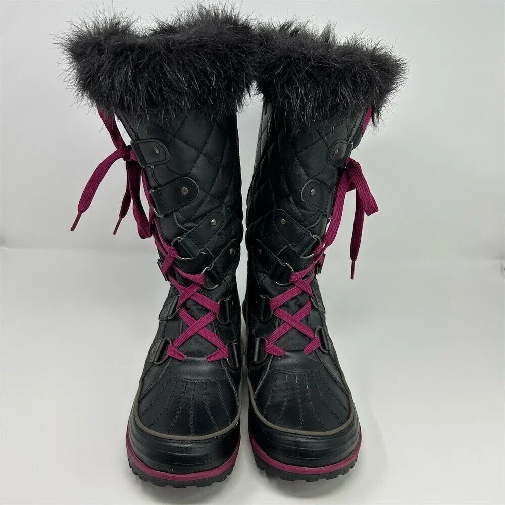 Sorel Tivoli Twist Snow Boots Womens Black Quilted Faux Fur Pink Laces Size 9